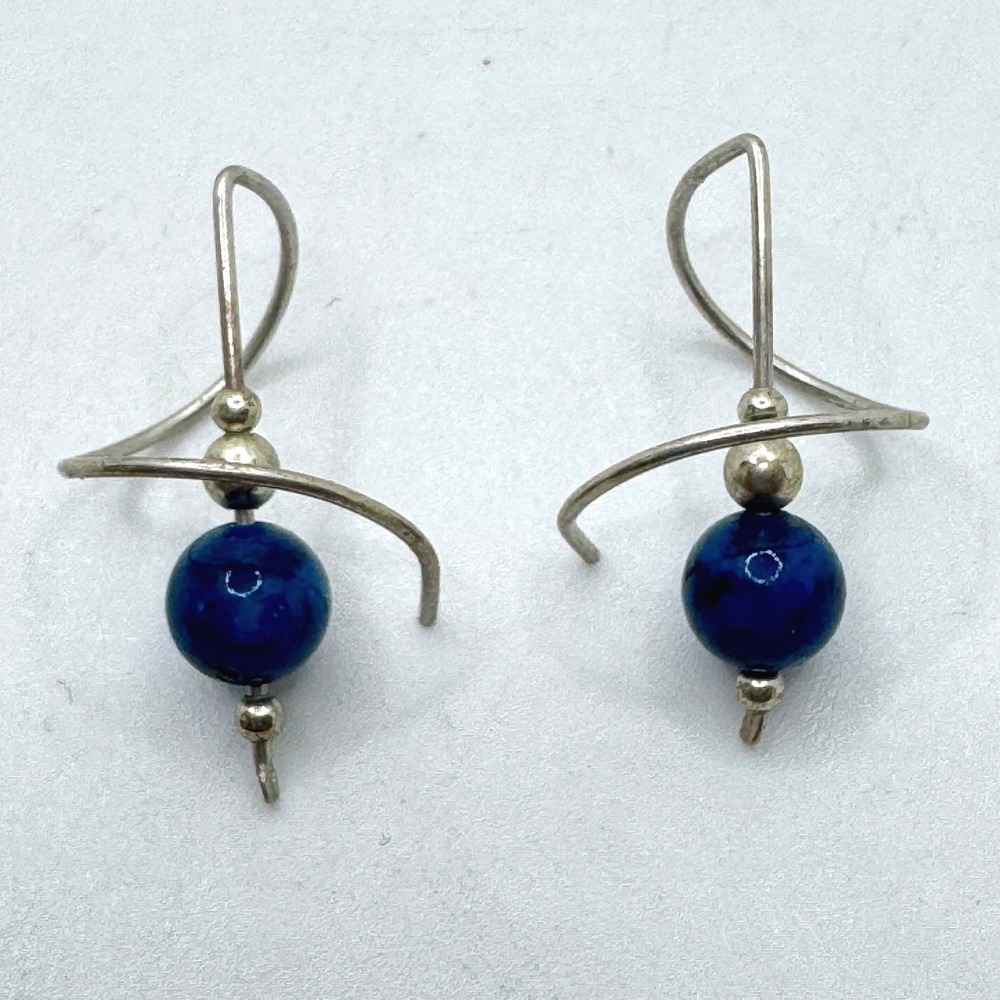 Vintage Silver Tone Lapis Lazuli Spiral Drop Earrings Blue Stone Artisan Whimsy